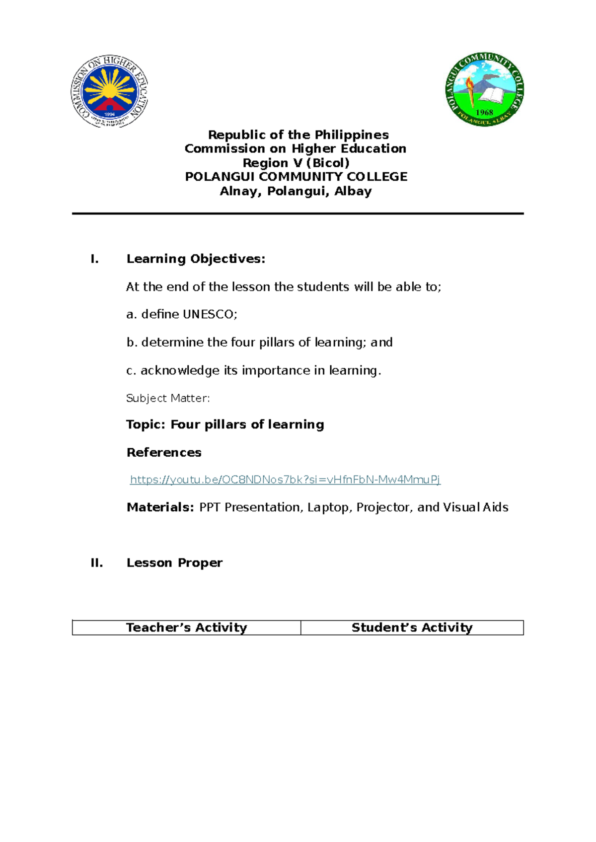 Four Pillars of Learning: A Lesson Plan Overview for LP-in - Studocu