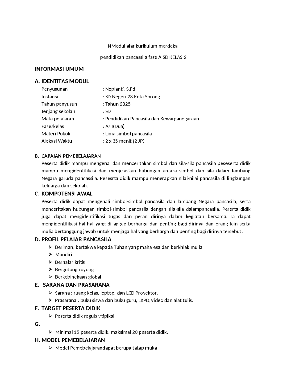 Modul Ajar Kurikulum Merdeka Pancasila Fase A SD Kelas 2 - Studocu