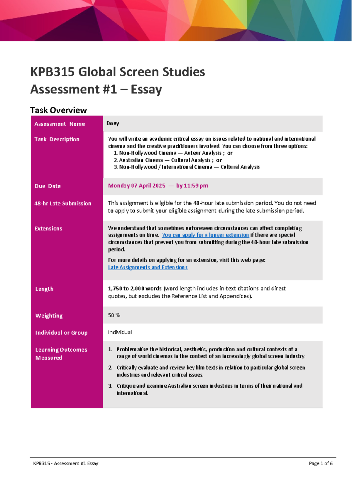 KPB315 Essay Assessment 1: Analyzing Global Cinema Issues - Studocu