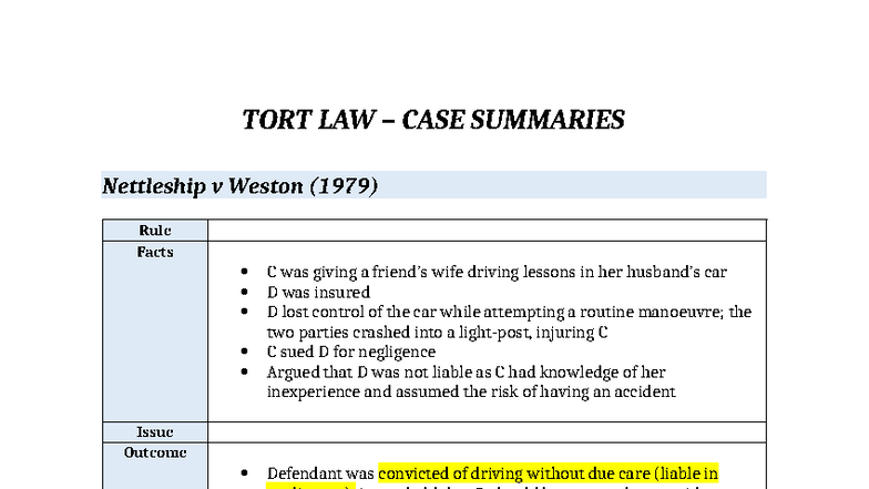 TORT LAW CASE SUMMARIES: Key Cases and Legal Principles - Studocu