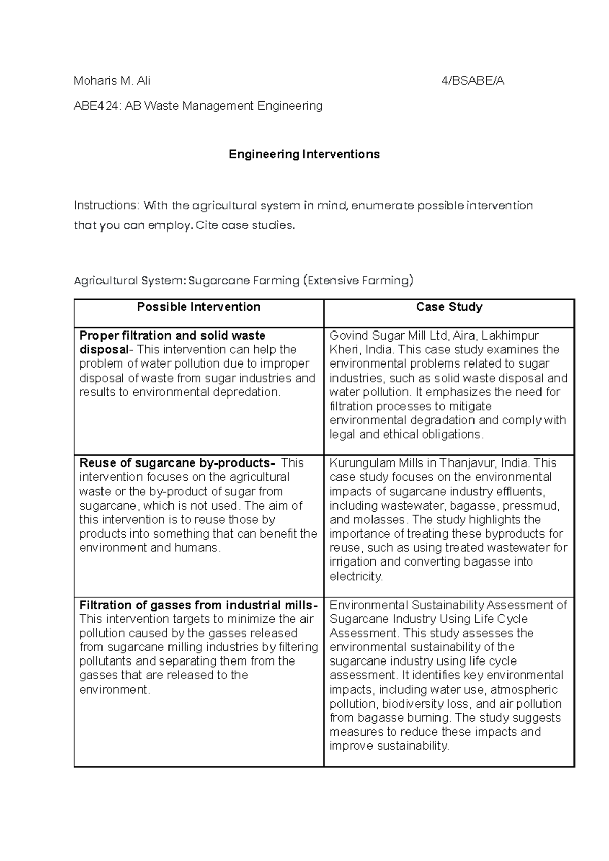 ABE424: Engineering Interventions in Sugarcane Waste Management - Studocu
