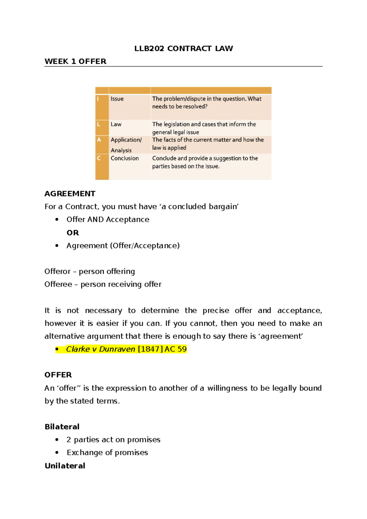 LLB202 week 1 notes - Week 1 Lecture - LLB202 CONTRACT LAW WEEK 1 OFFER ...