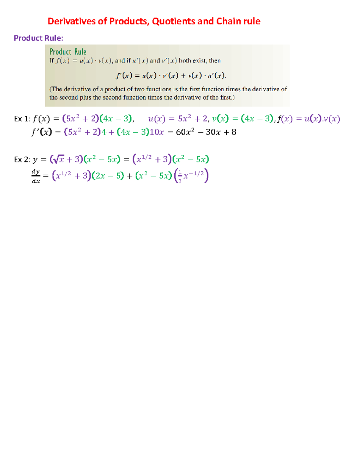 Derivatives: Product, Quotient & Chain Rules - Math 101 Lecture Notes ...