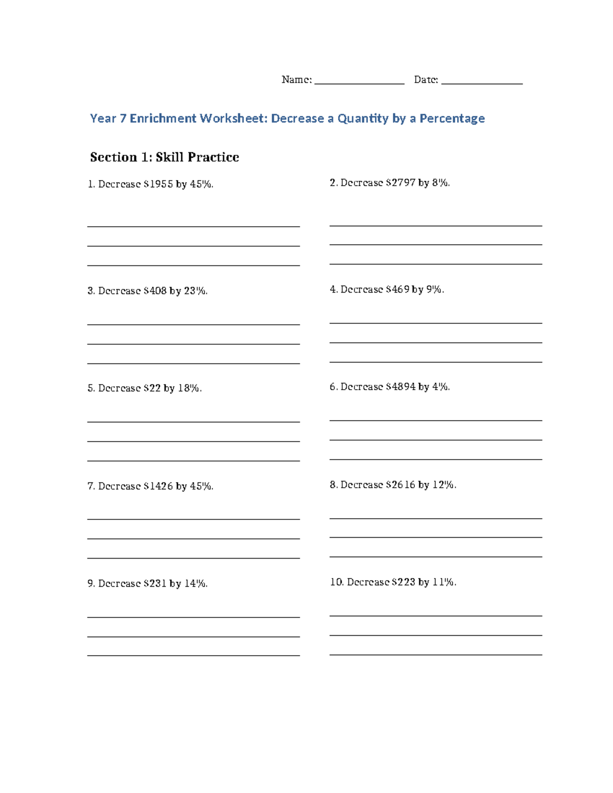 Year 7 Enrichment Worksheet: Decrease a Quantity by Percentage - Studocu
