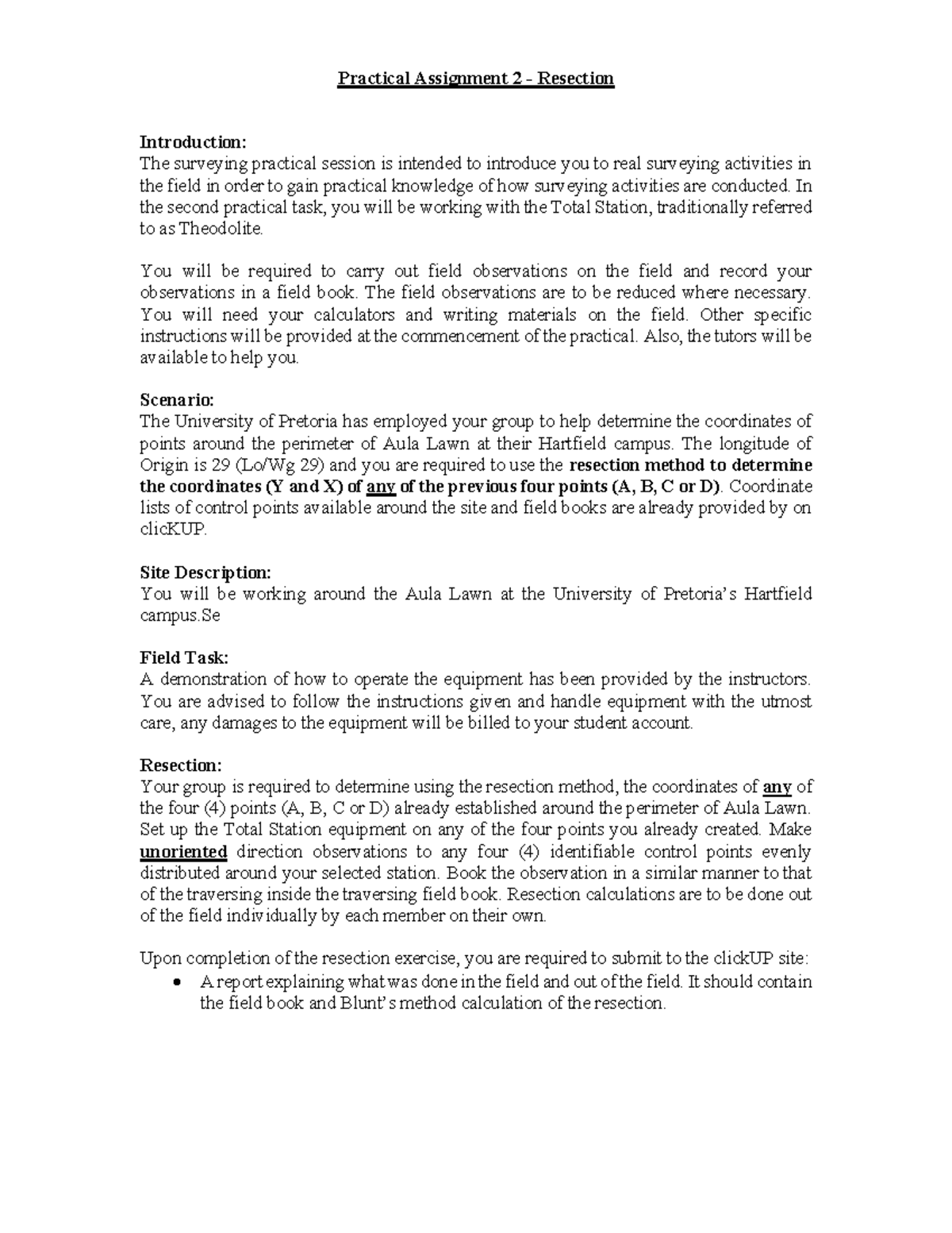 Practical Assignment 2: Resection Method at Hartfield Campus - Studocu