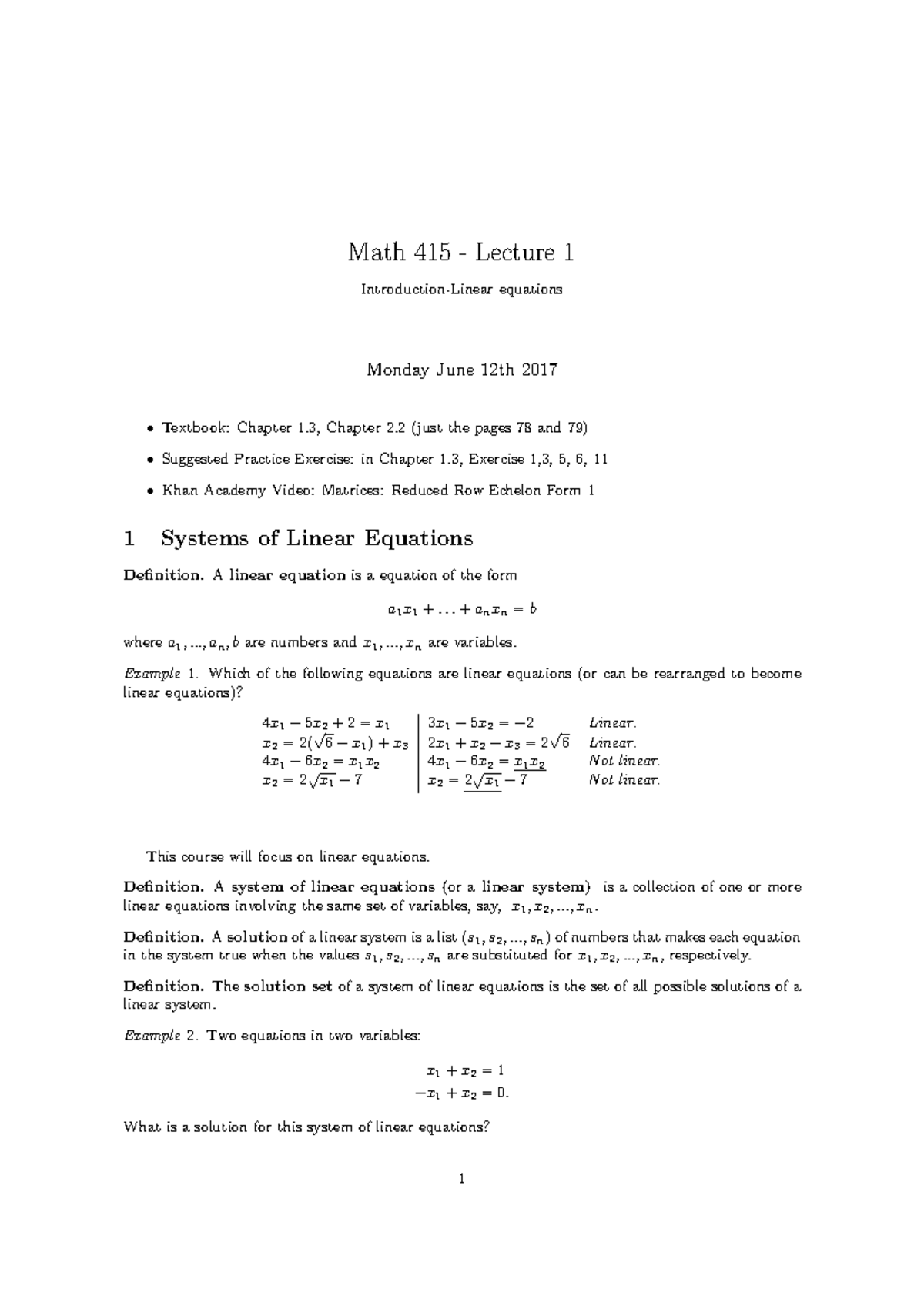 Lecture 1 Filled out - Math 415 Lecture 1 equations Monday June 12th ...