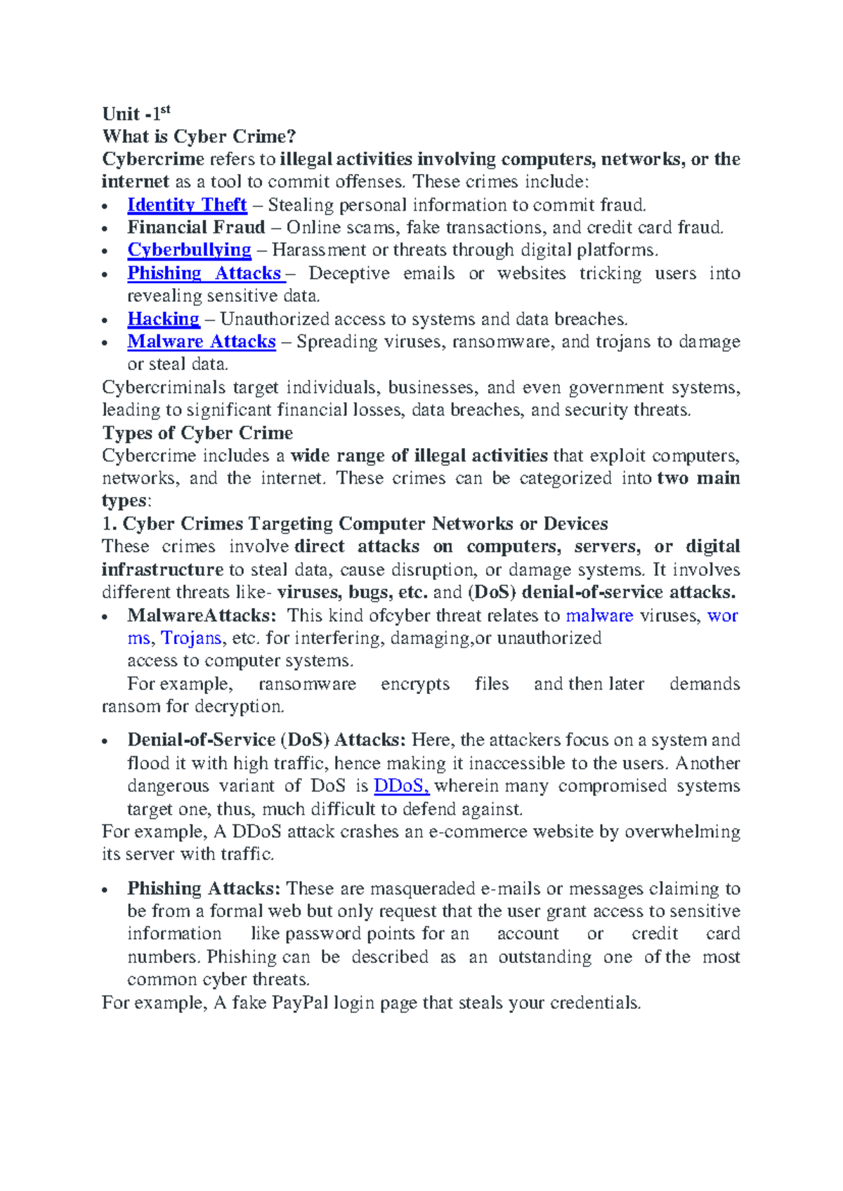 Unit 1: Understanding Cyber Crime and Its Impact on Security - Studocu