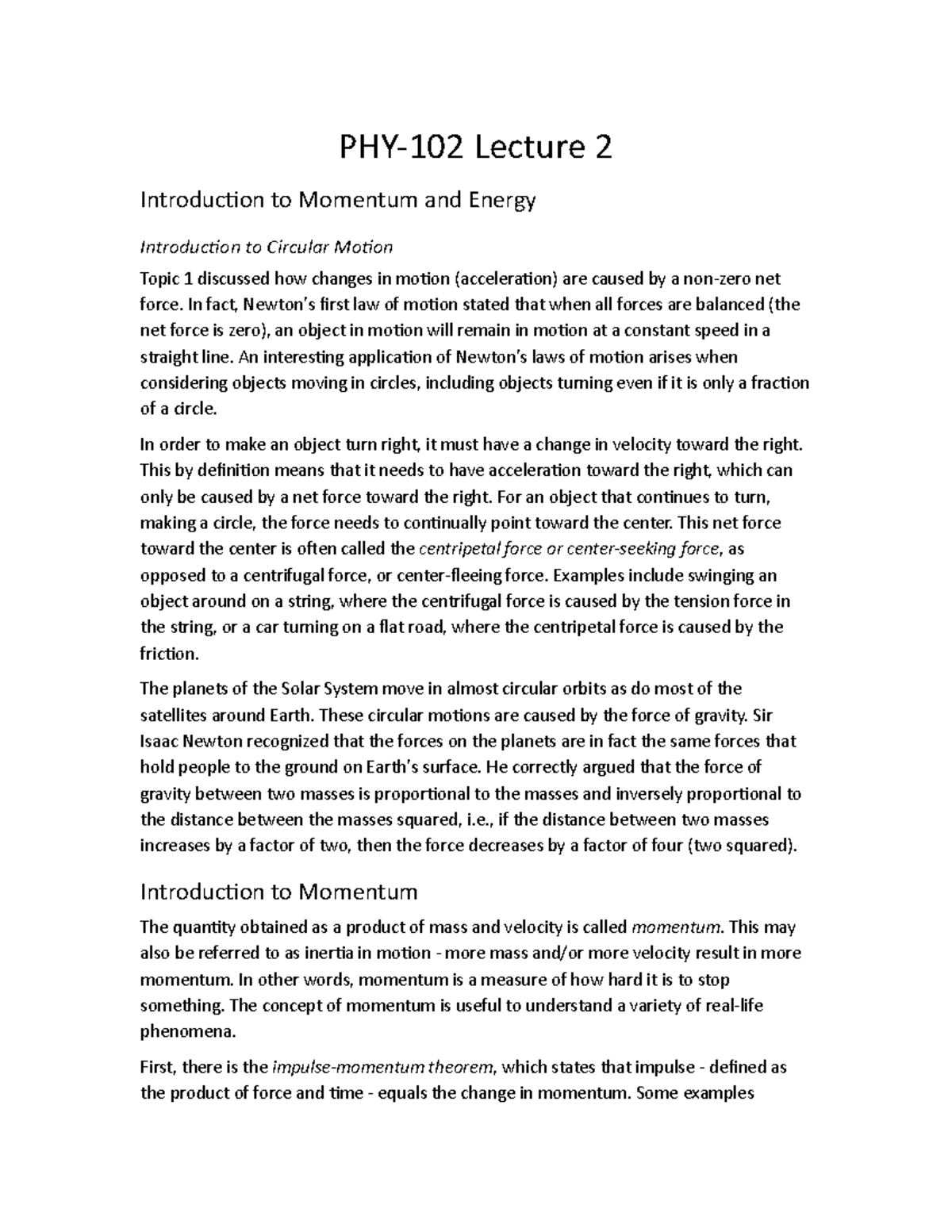 PHY 102 RS Lecture 2: Momentum, Energy, and Circular Motion - Studocu
