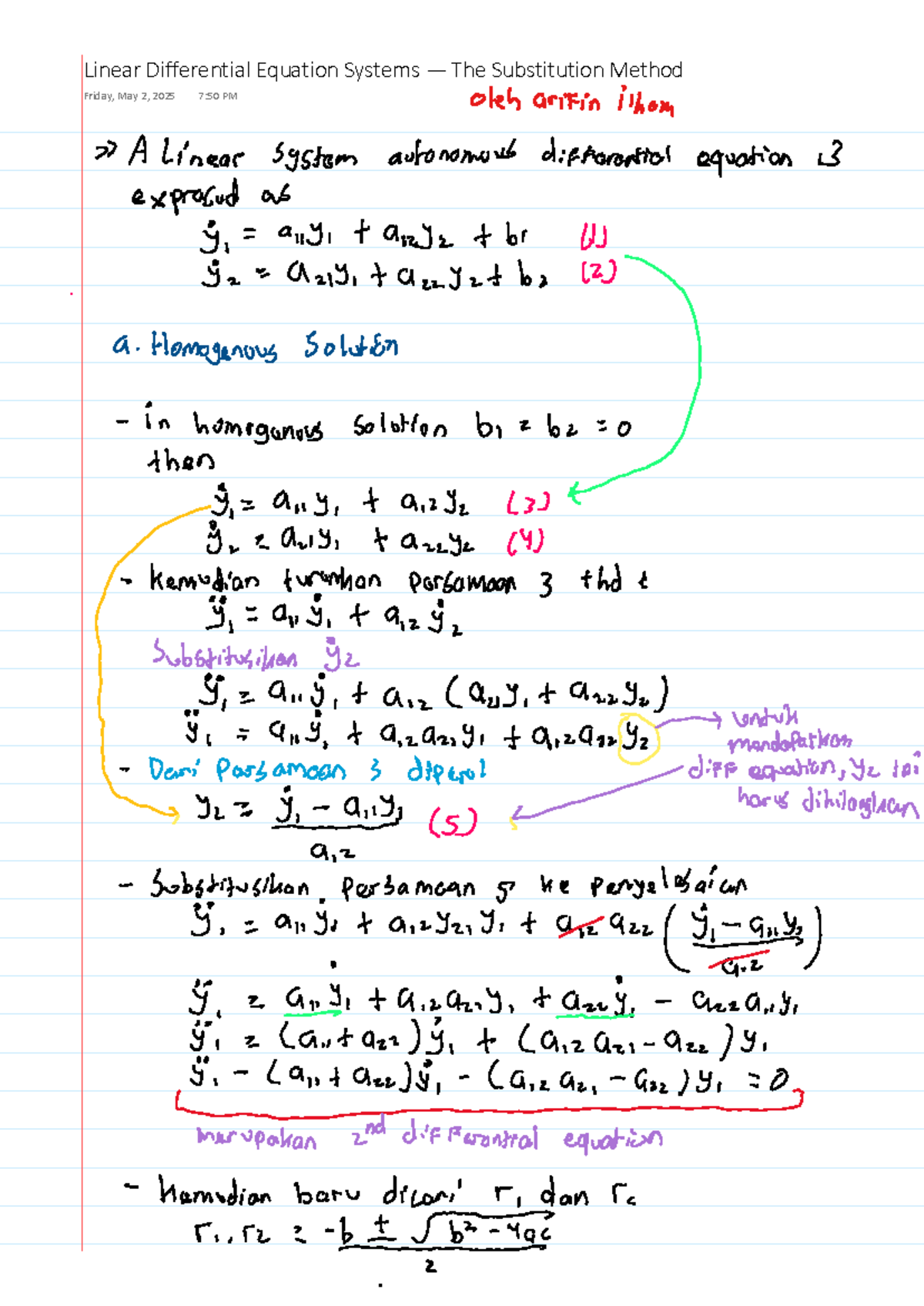 Differential Equation Systems (MATH 101) - Substitution Method Notes ...