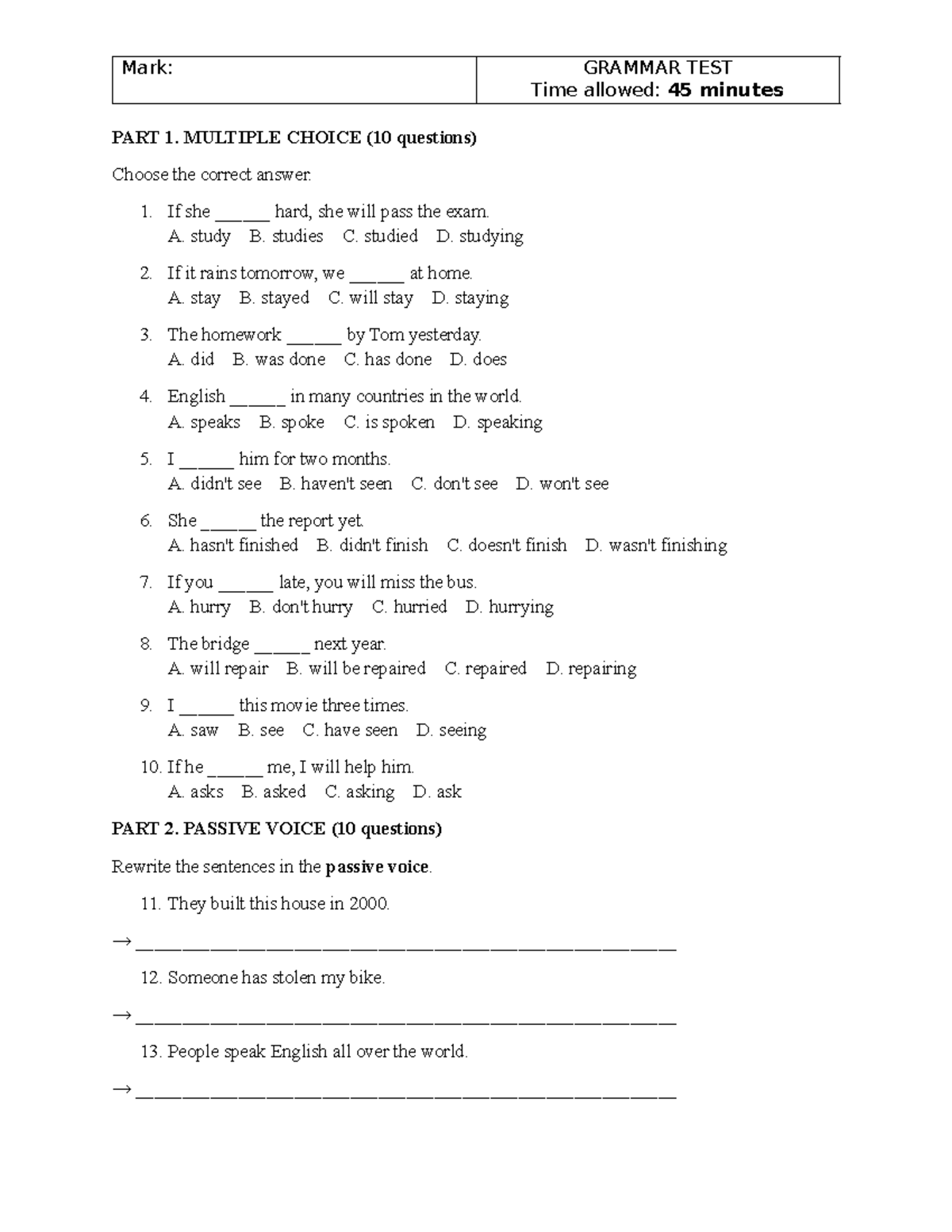 Grammar Test: Marking and Answers for 45-Minute Assessment - Studocu