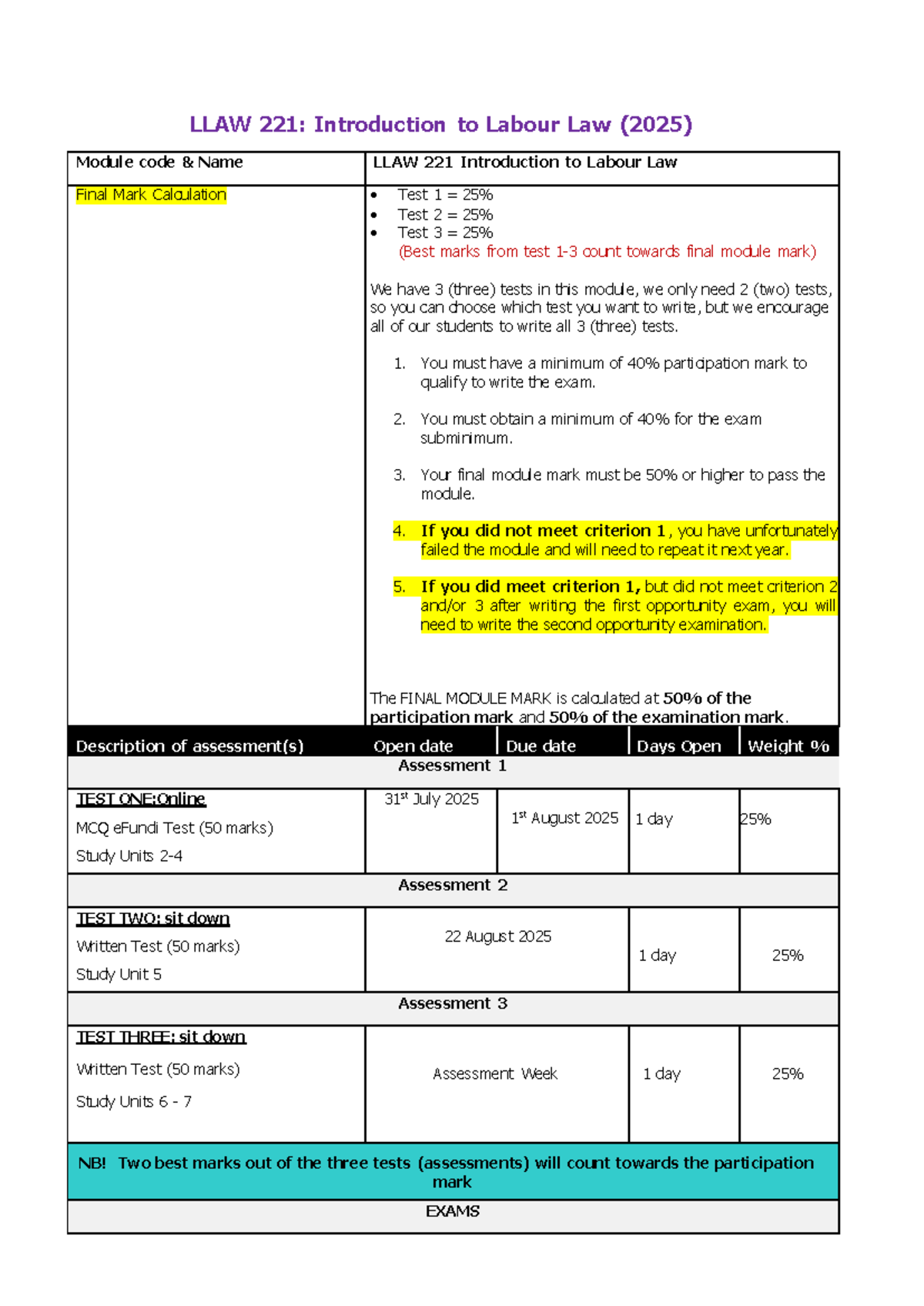 LLAW 221: Labour Law Assessment Plan & Test Details (2025) - Studocu