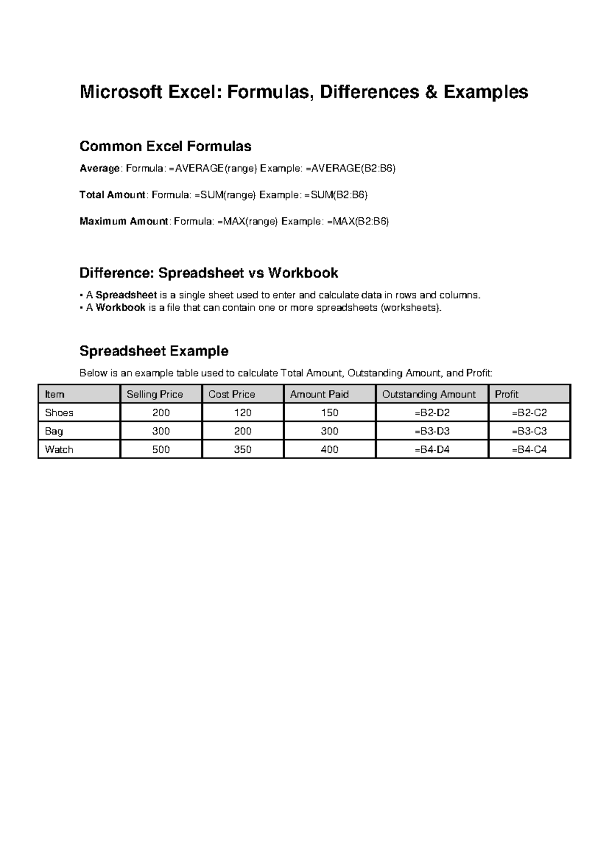 Excel Formulas and Examples - Microsoft Excel: Formulas, Differences ...