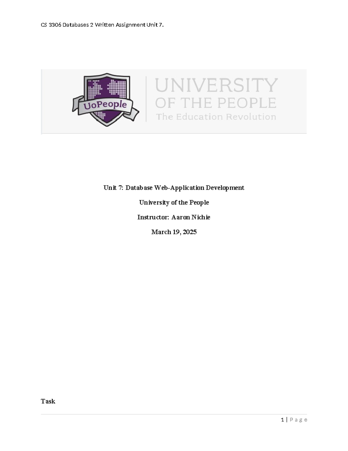 CS 3306 Written Assignment Unit 7 - Unit 7: Database Web-Application ...