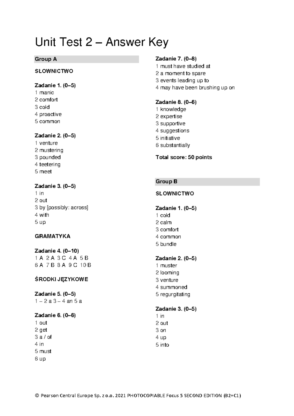 Focus 5 2E Unit Test 2 Answer Key for Groups A & B - Studocu