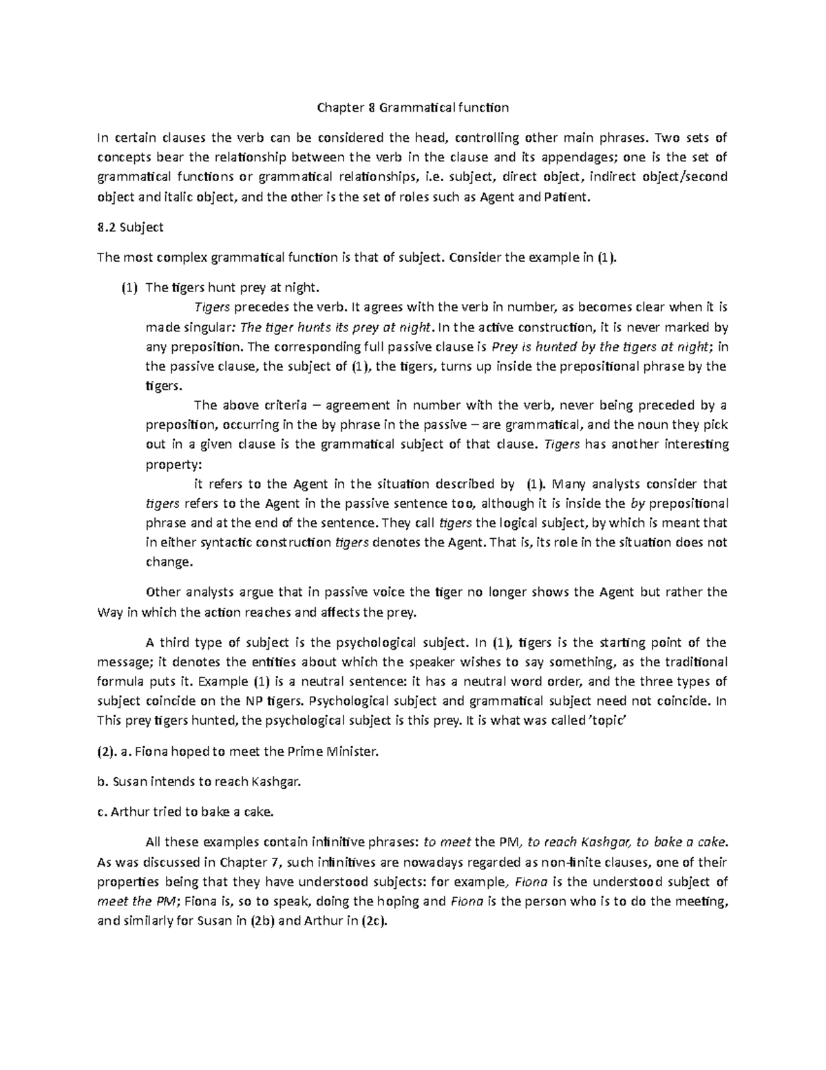 Chapter 8: Grammatical Functions and Their Roles in Clauses - Studocu