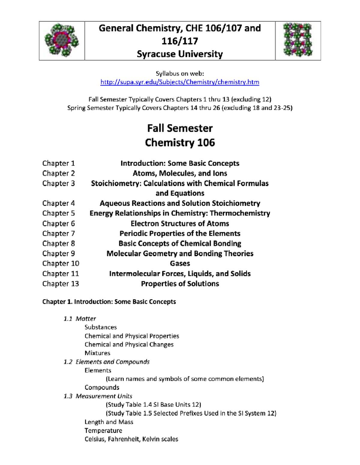 General Chemistry I & II Syllabus: CHE 106 107 116 117 (Syracuse U ...