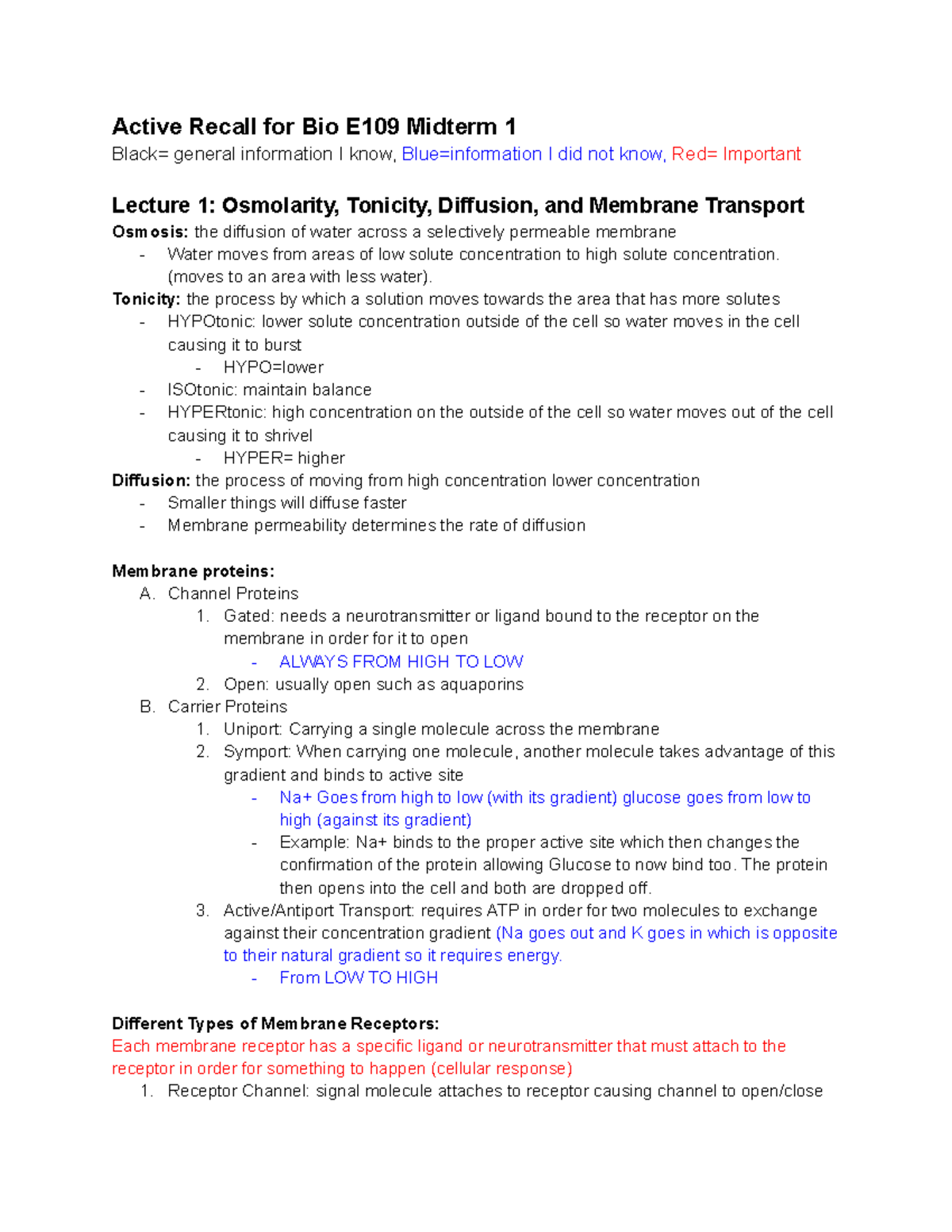 Bio E109 Midterm Active Recall Notes: Physiology & Neurobiology ...