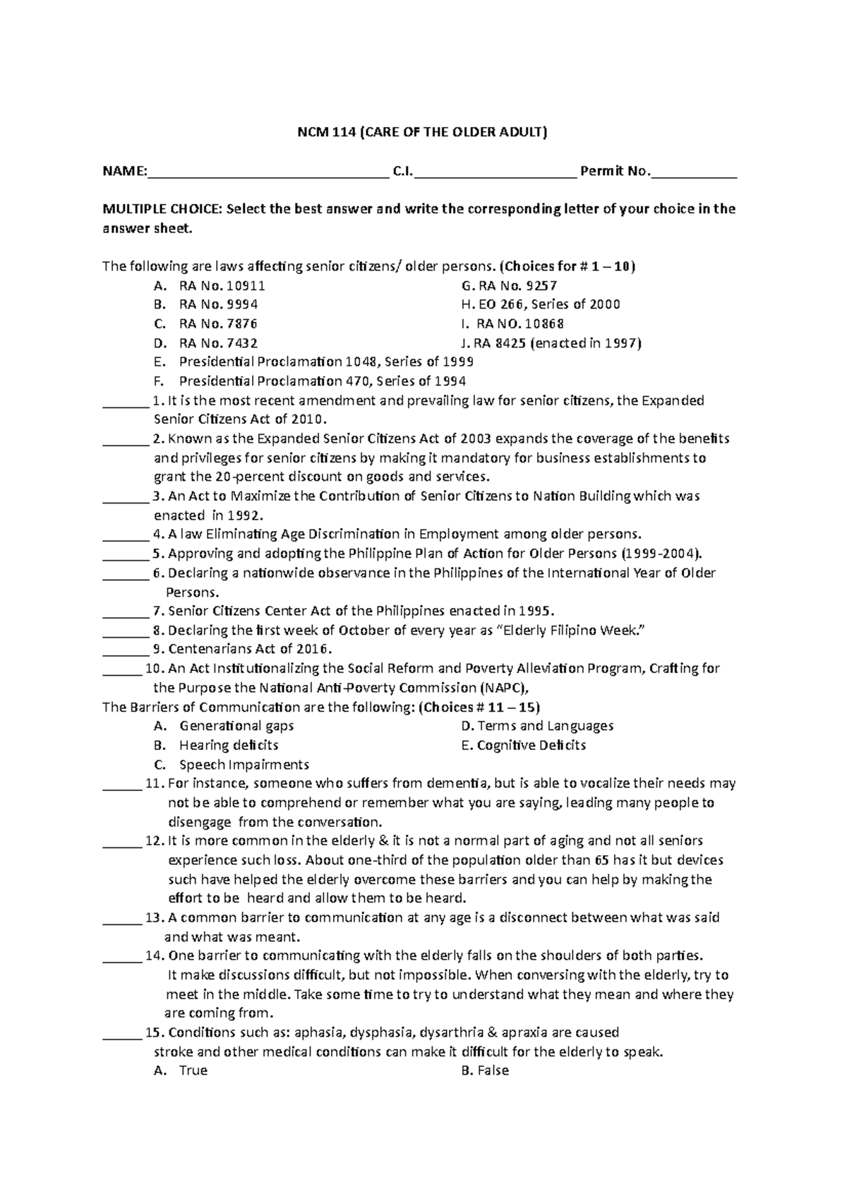 NCM 114 - Semi-Final Exam Review: Care of the Older Adult - Studocu