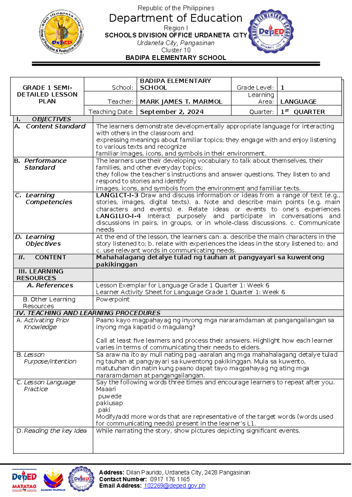 Language Lesson Plan for Grade 1 - Week 6 (Makabansa) - Studocu