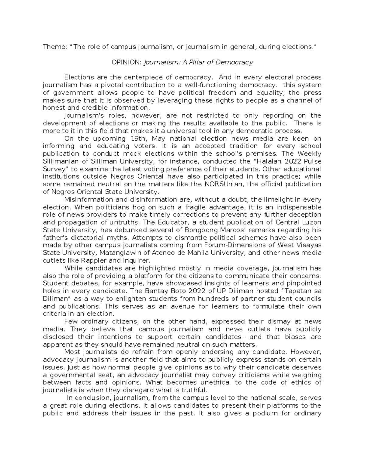 Course Code: UBJ 101 - Editorial 4: The Vital Role of Campus Journalism ...