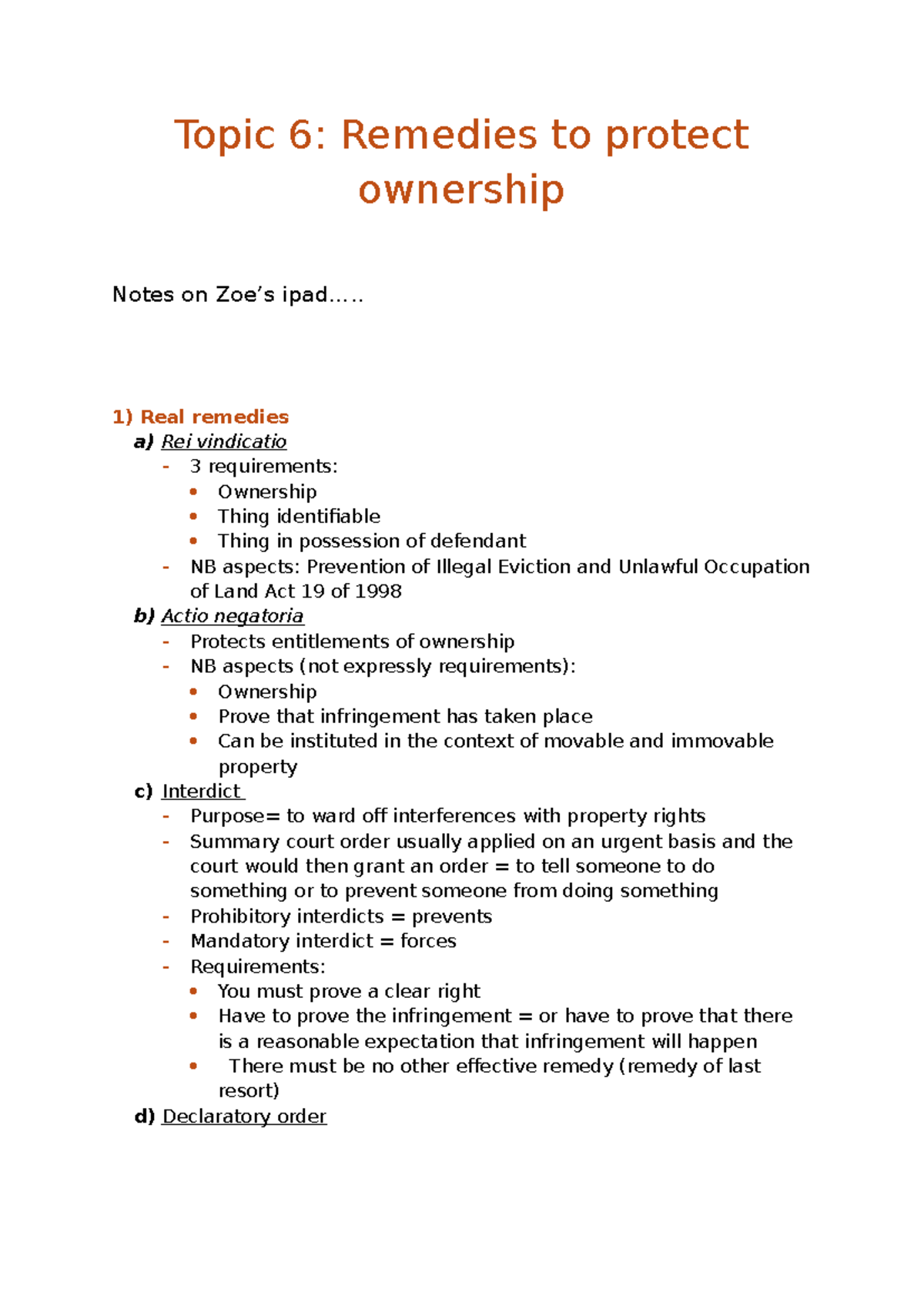 Topic 6 - Remedies to protect ownership - Topic 6: Remedies to protect ...