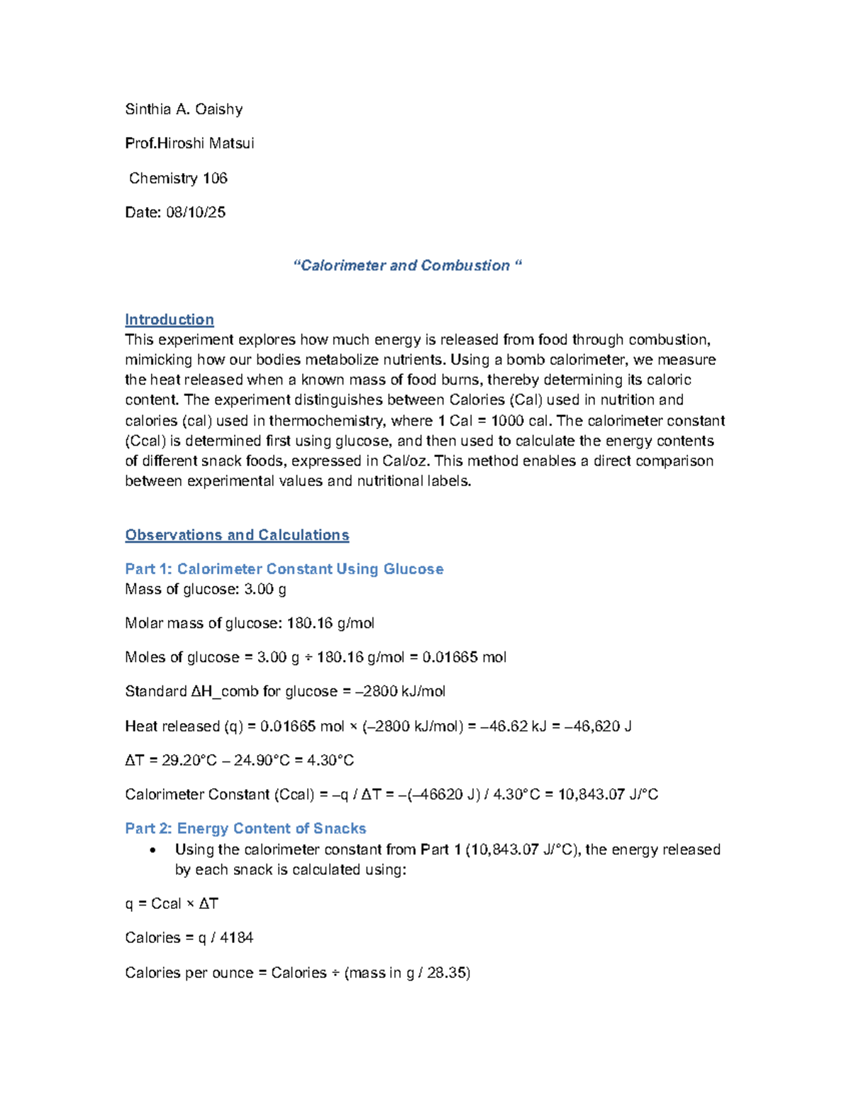 Lab 18 t-2: Energy Content Analysis of Snacks via Combustion in Chem ...