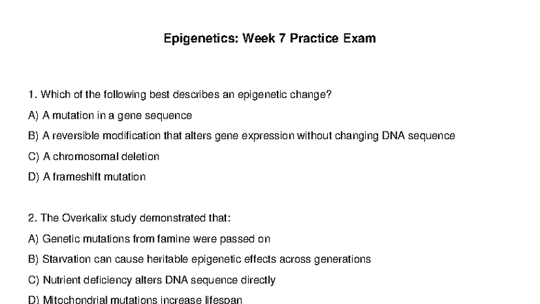 Epigenetics: Week 7 Practice Exam No Answers - Studocu