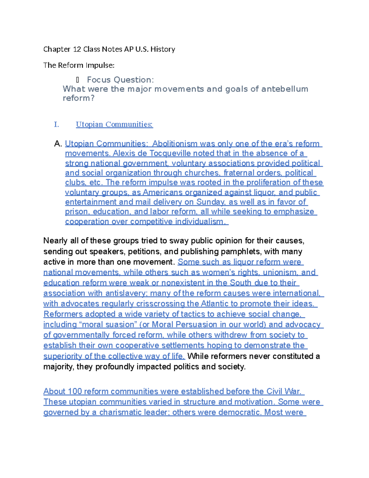 Chapter 12 Class Notes: The Reform Impulse in AP U.S. History - Studocu