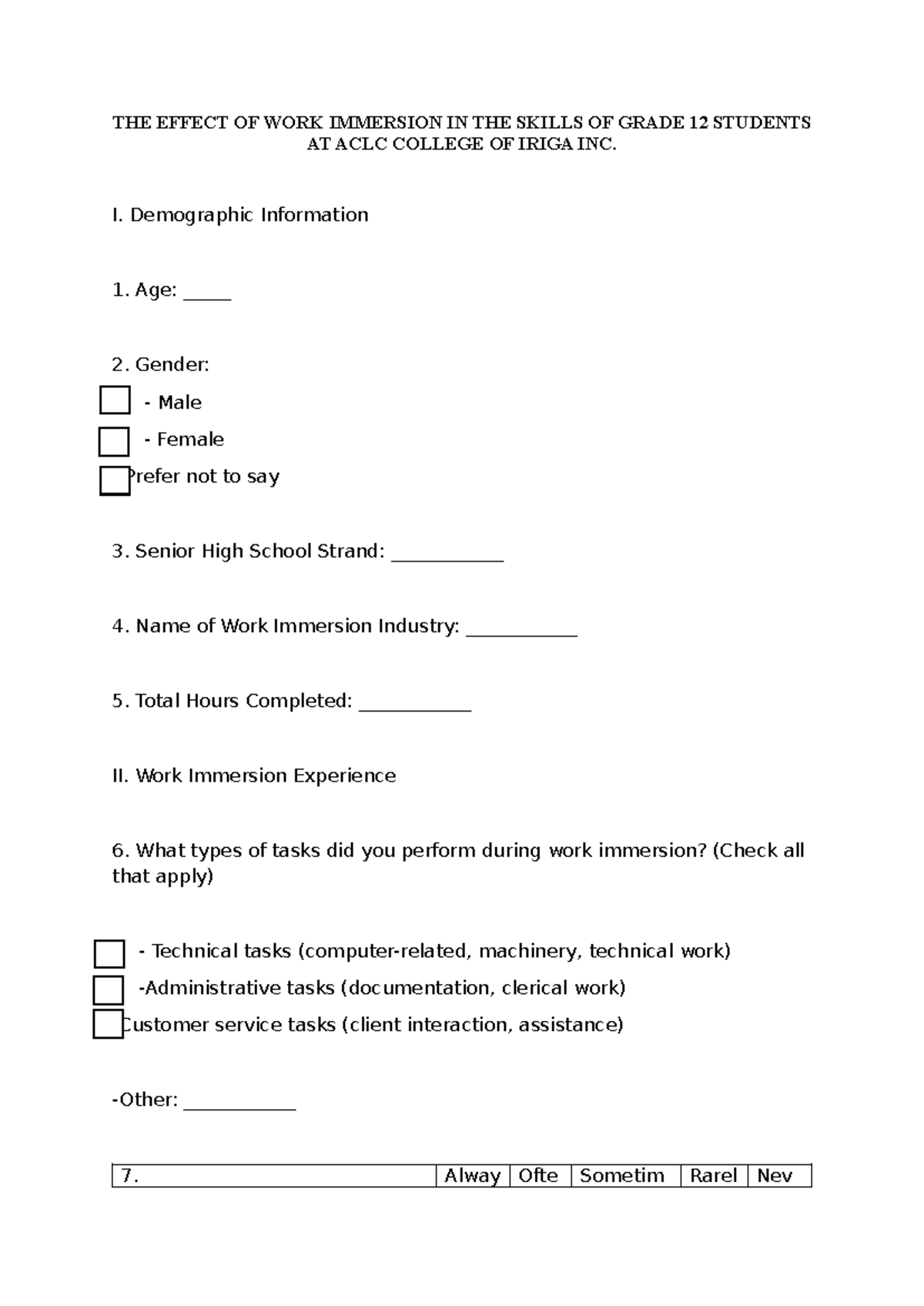 Grade 12 Work Immersion Impact Survey Questionnaire at ACLC - Studocu