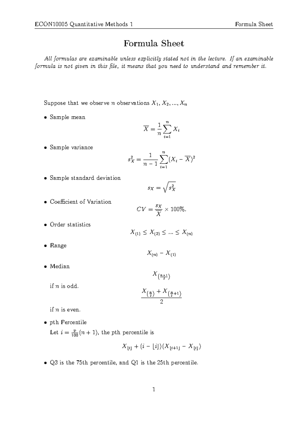 Formula Sheet for Statistics - Key Concepts and Formulas - Studocu