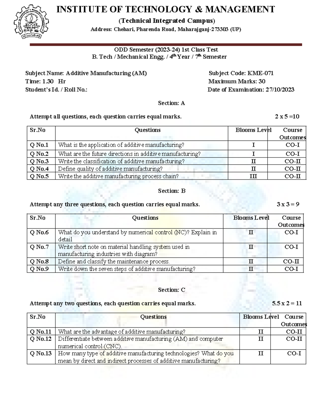 Additive manufacturing paper - INSTITUTE OF TECHNOLOGY & MANAGEMENT ...