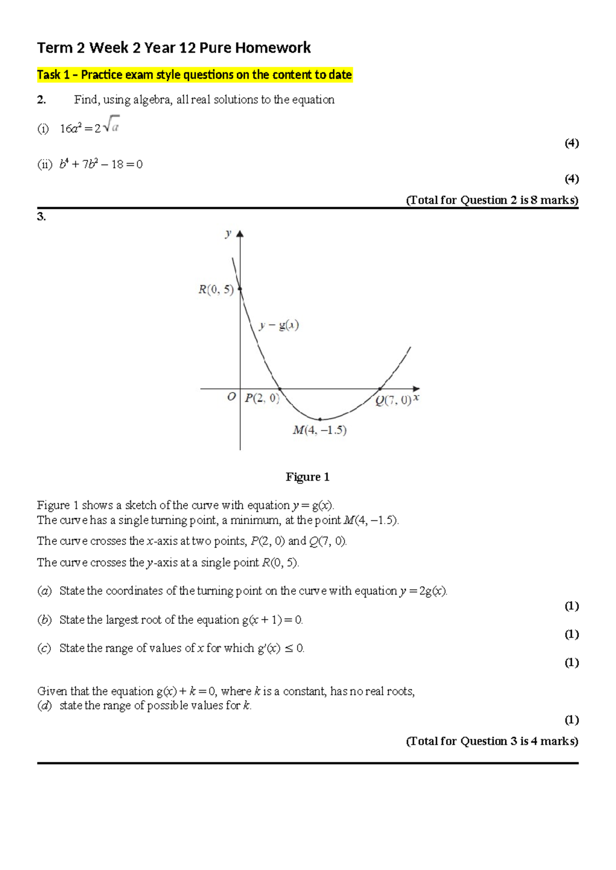 T2 W2 Year 12 Pure Math Homework & Practice Exam Questions - Studocu