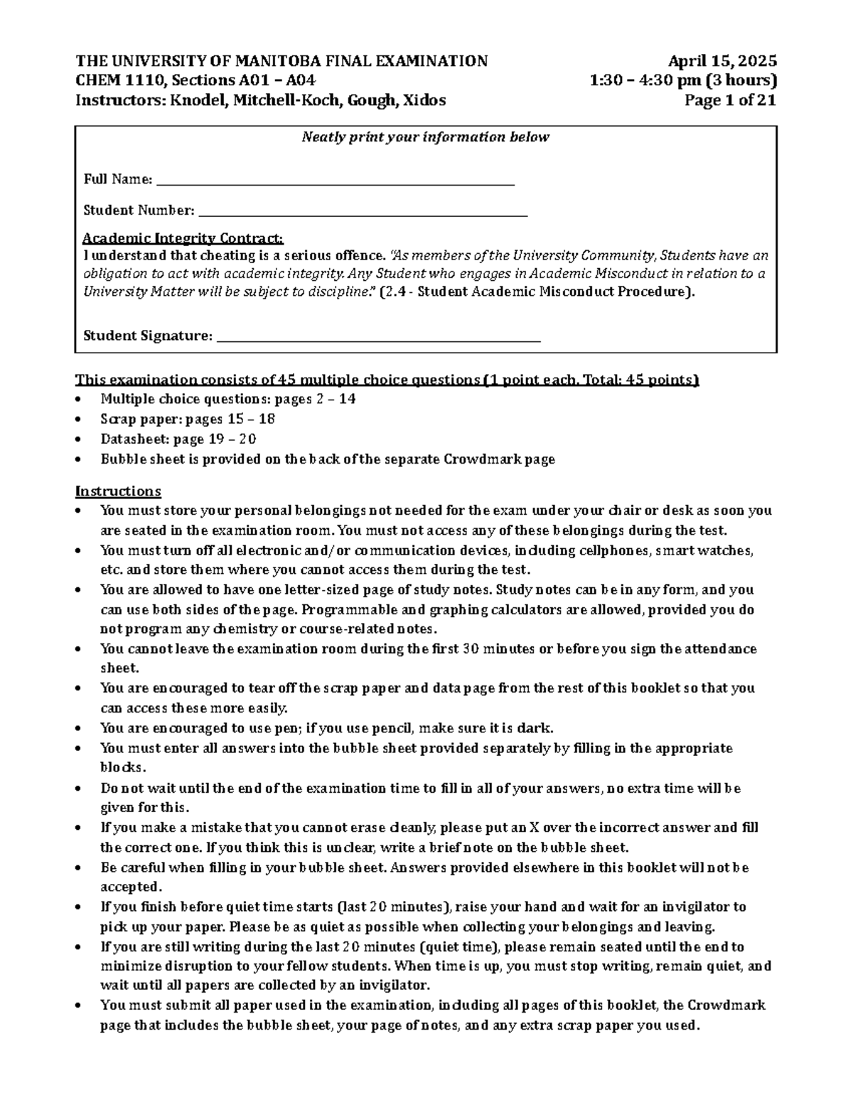 CHEM 1110 W25 Final Exam Review - Sections A01 A04 - Studocu