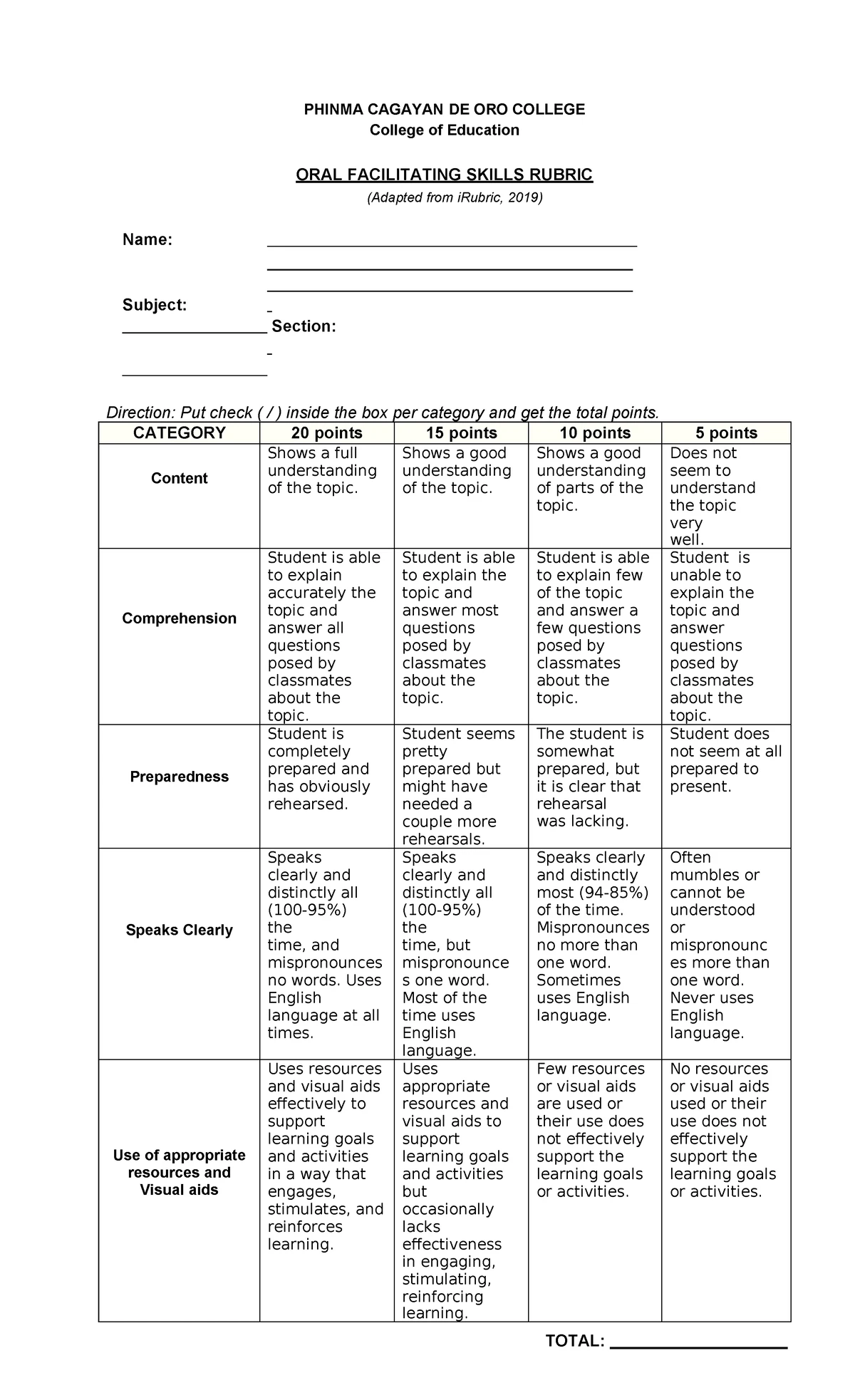 Show and Tell Rubric Evaluation Criteria: Engaging Presentations - Studocu