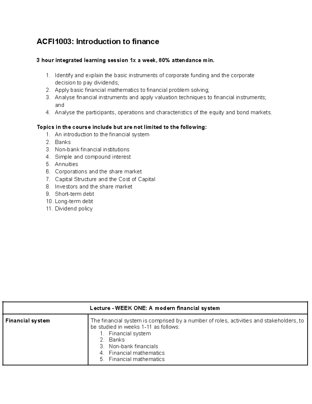 ACFI1003: Intro to Finance - Week 1 & 2 Lecture Notes and Concepts ...