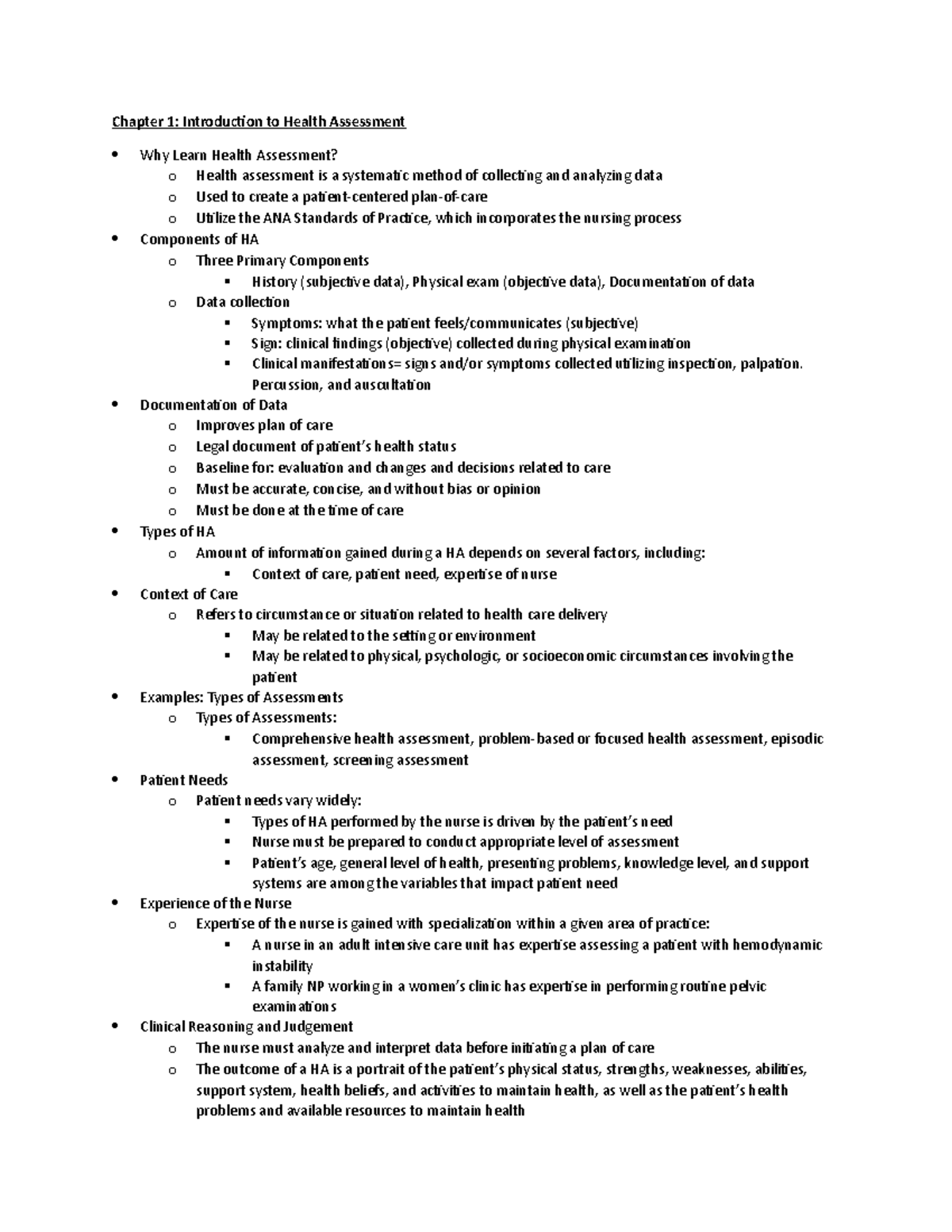 HA Chapter 1 Notes - Introduction to Health Assessment Overview - Studocu