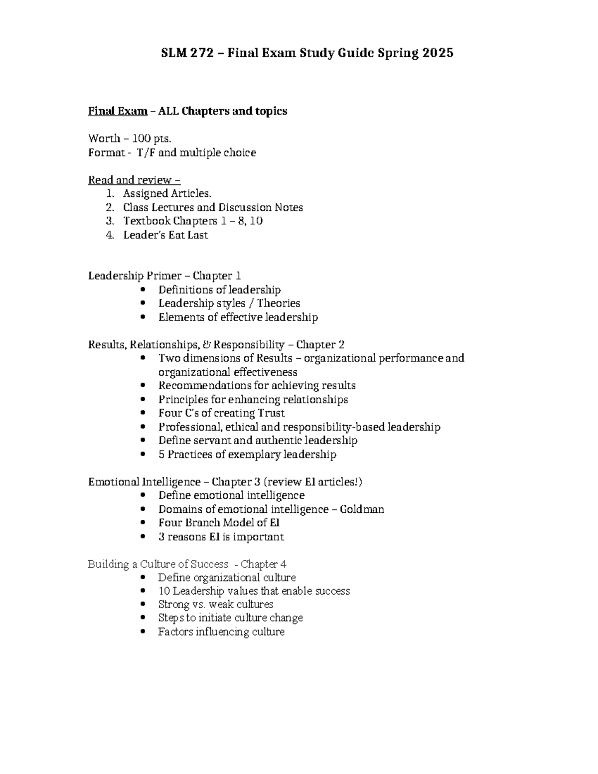 SLM 272 Final Exam Study Guide: Leadership Concepts Spring 2025 - Studocu