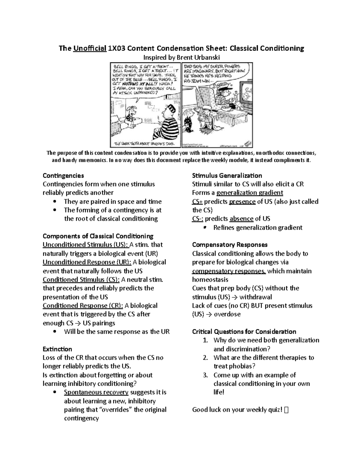1X03 Classical Conditioning Study Notes: Key Concepts & Mnemonics - Studocu