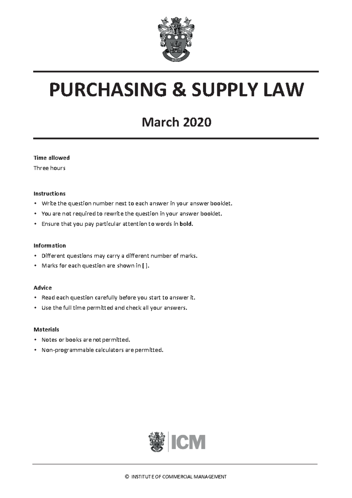 Purchasing & Supply Law Exam Instructions - March 2020 - Studocu