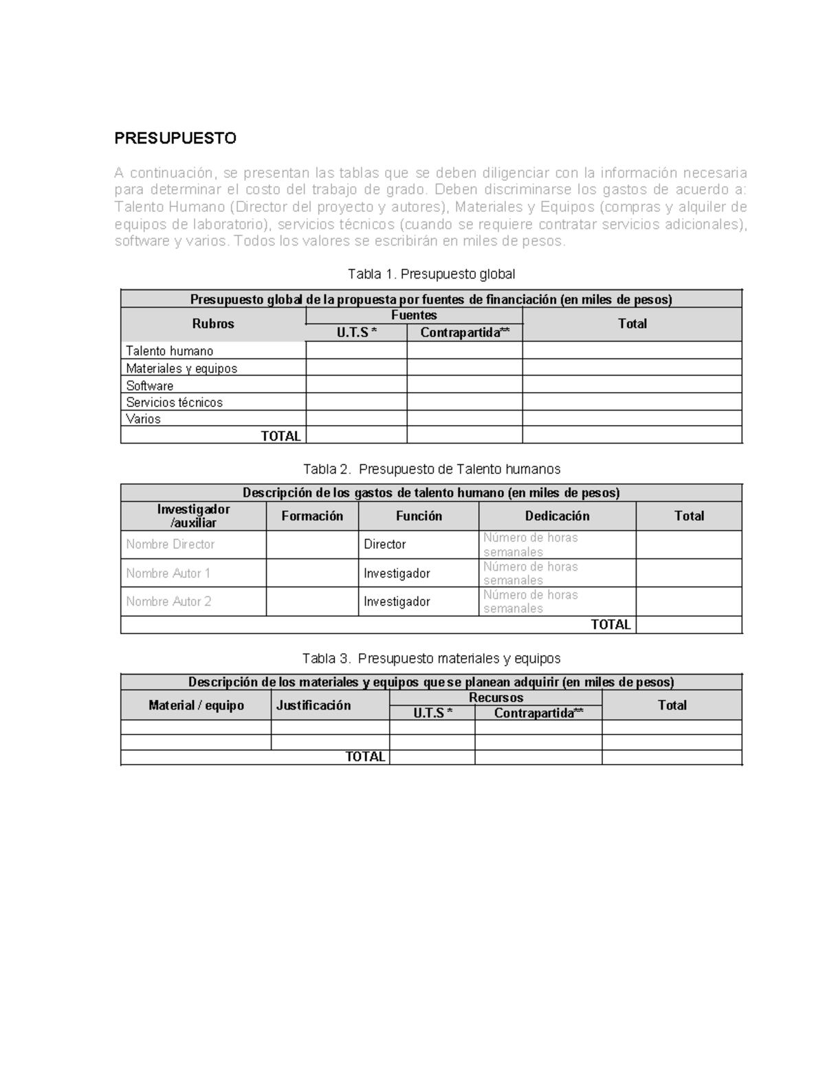 Presupuesto para Trabajo de Grado - Plantilla Detallada - Studocu