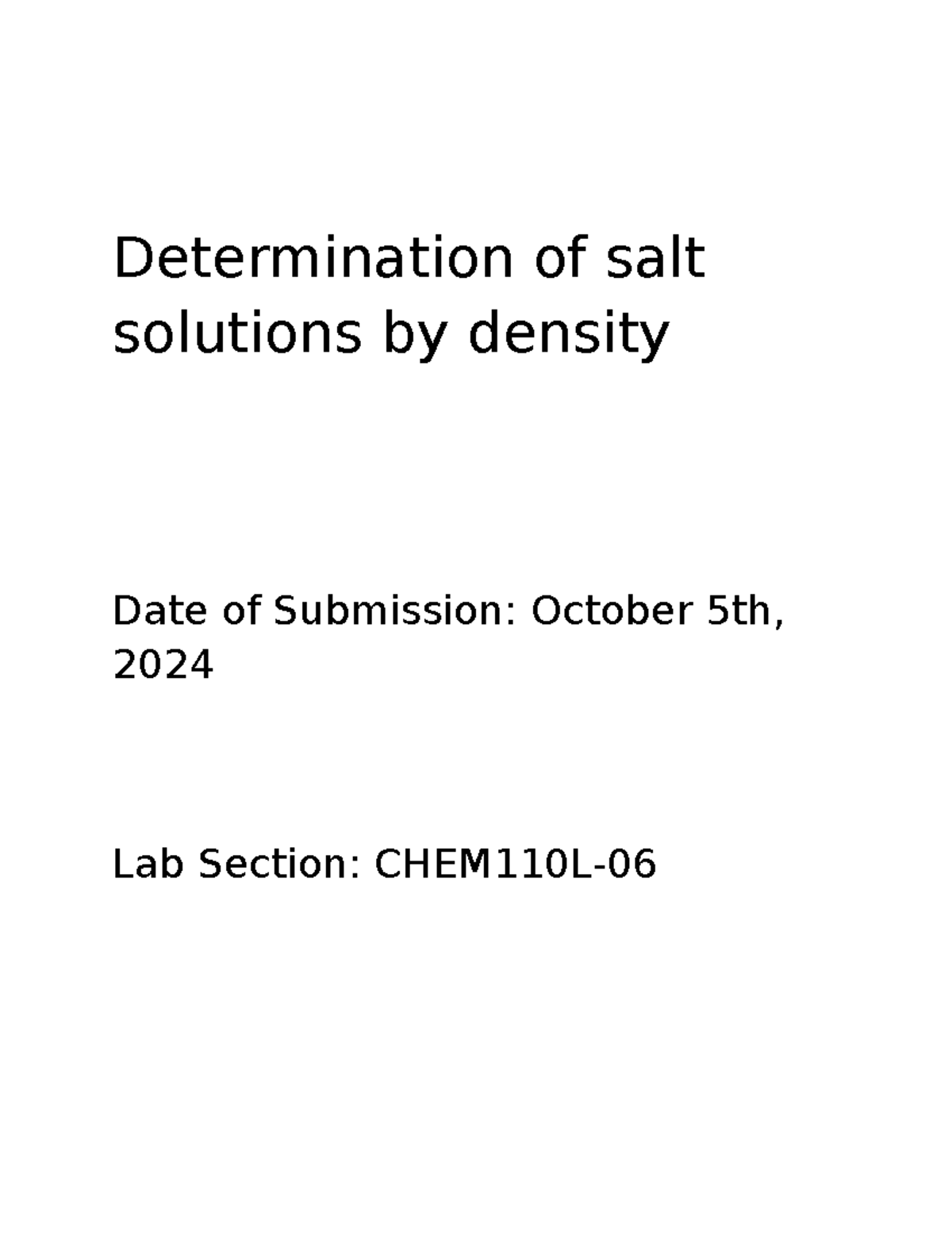 Chem Lab 4 - Lab Paper - Determination of salt solutions by density ...