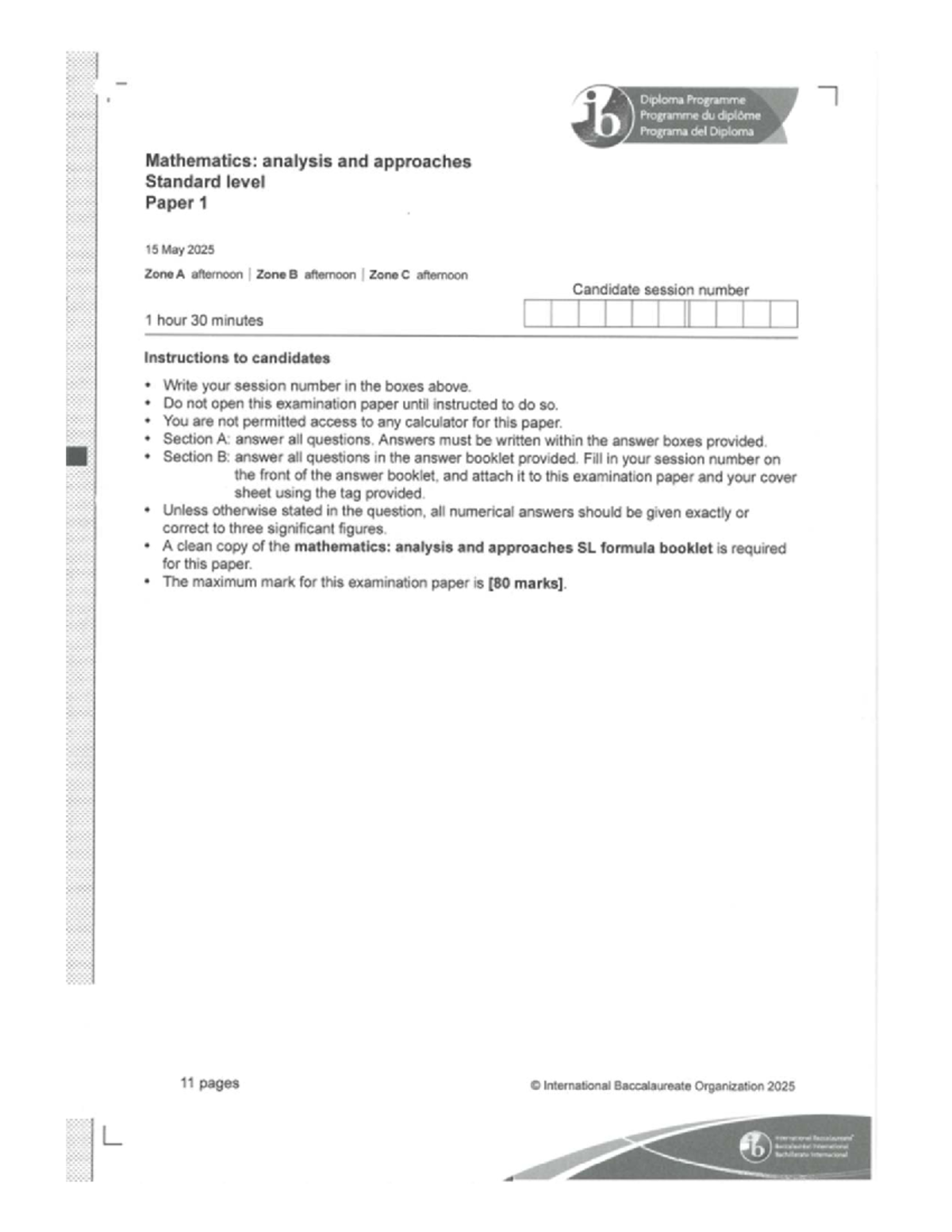 AASL P1 TZ3 - Official IB Math AA SL Paper 1 Exam May 2025 - Studocu