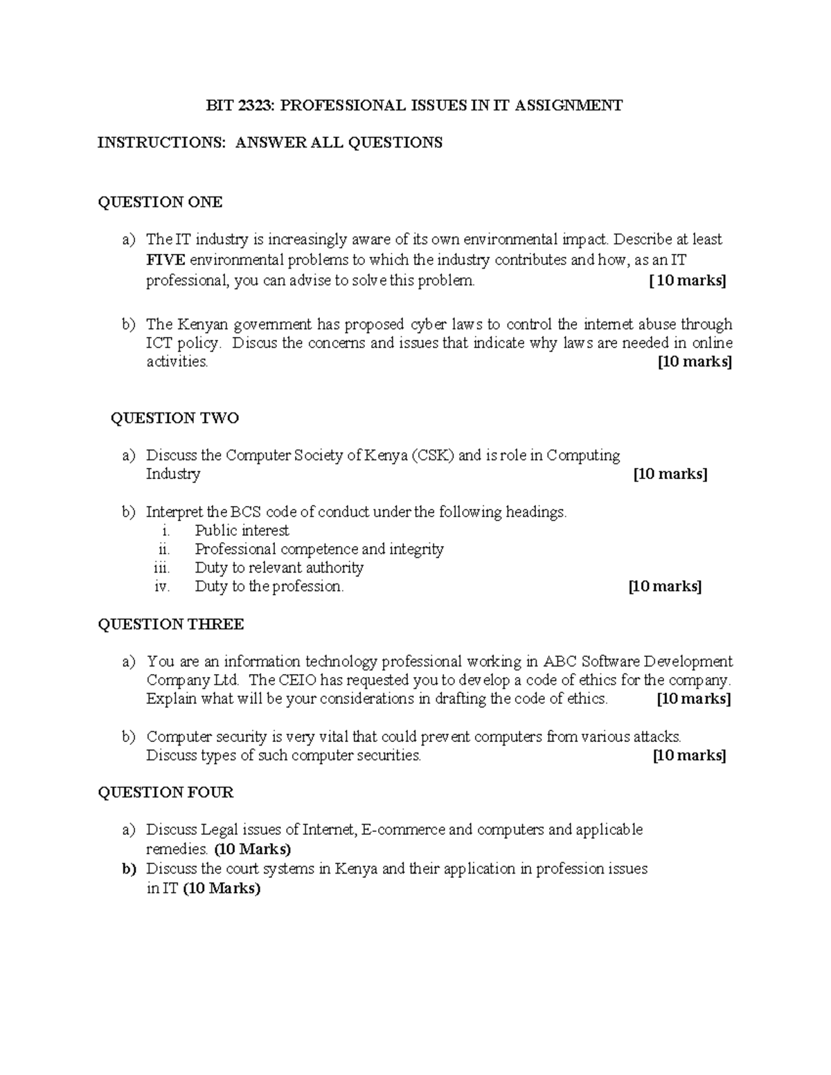 BIT 2323: Professional Issues in IT Assignment Guidelines - Studocu
