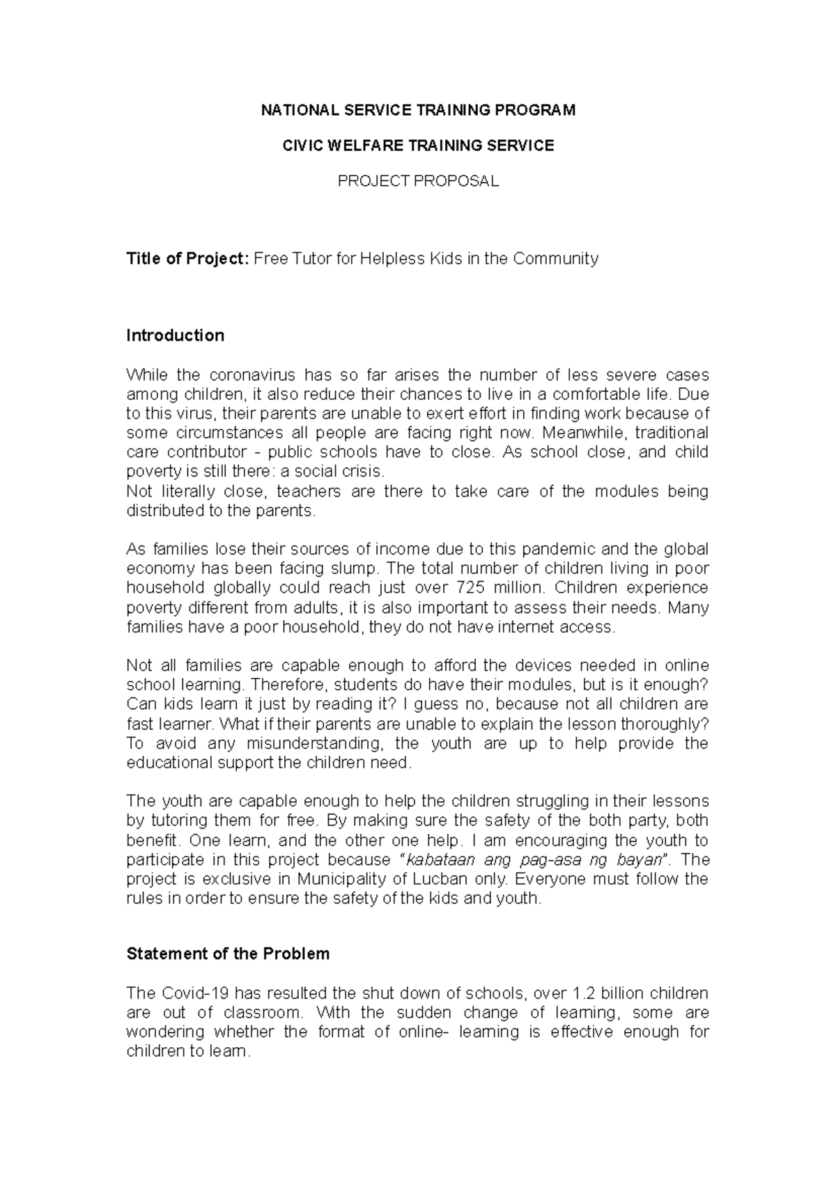 NSTP Project Proposal - NATIONAL SERVICE TRAINING PROGRAM CIVIC WELFARE ...