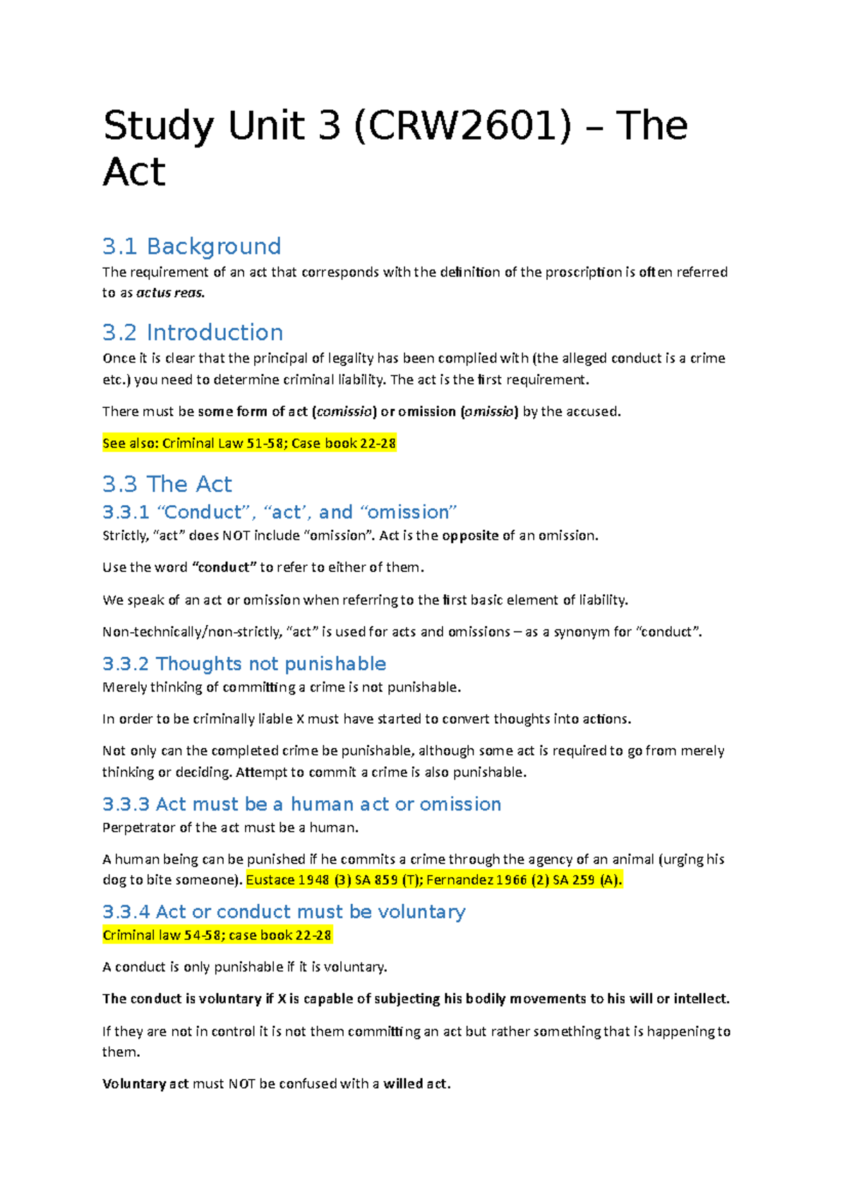 CRW2601 Study Unit 3: Understanding the Act in Criminal Law - Studocu