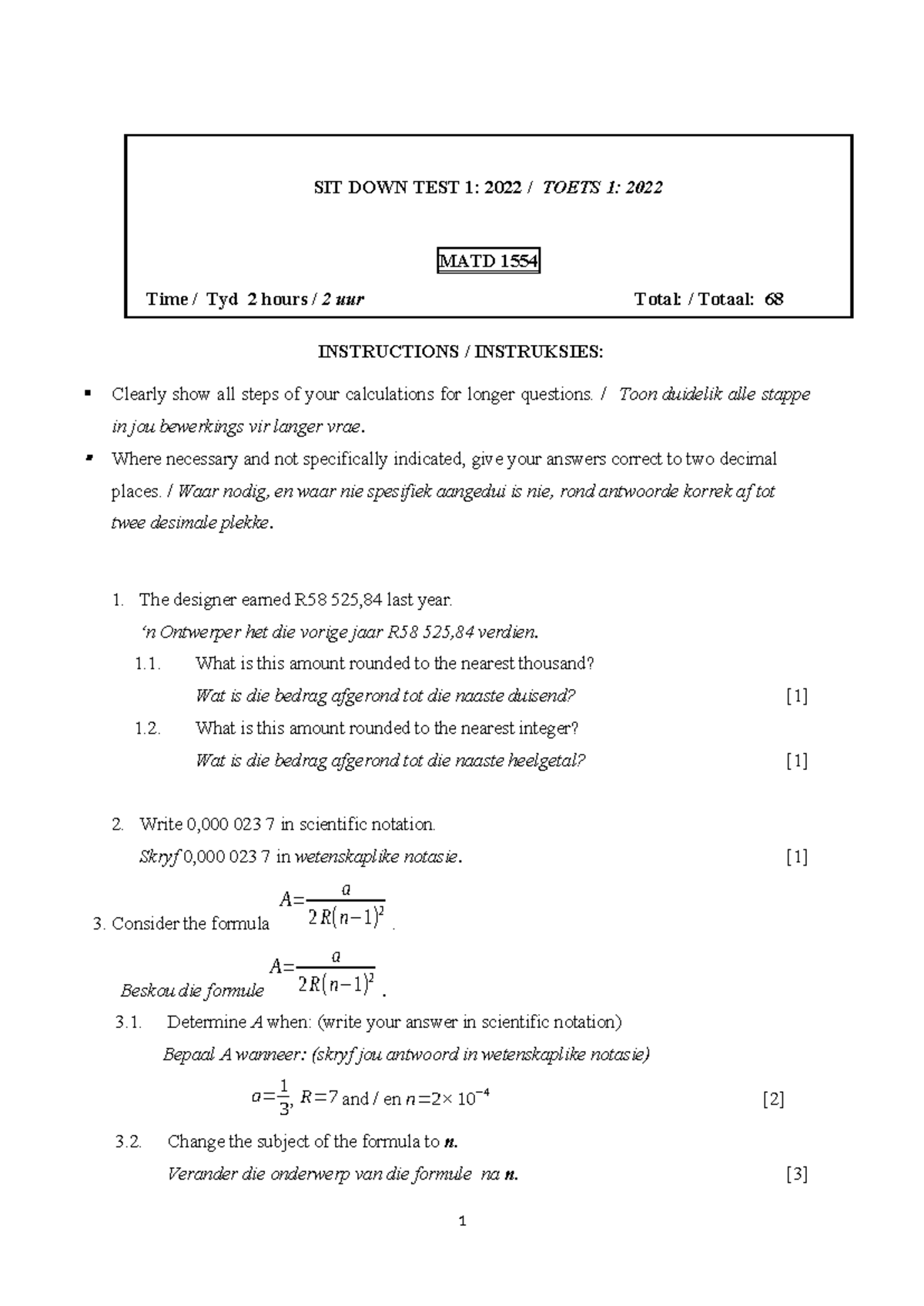 Matd 1554: Sit down test 1 practice questions and solutions - Studocu