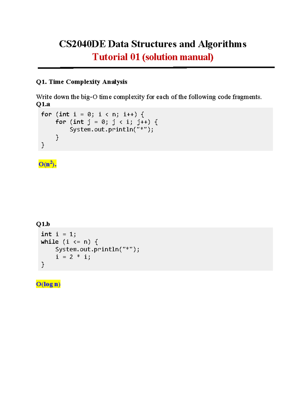 CS2040DE Data Structures & Algorithms Tutorial 01 Solutions - Studocu