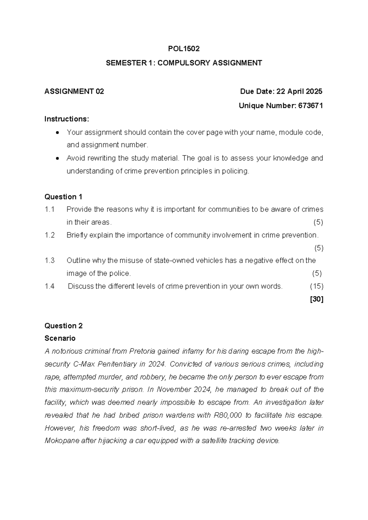POL1502 Assignment 02 - Crime Prevention Principles & Responses - Studocu