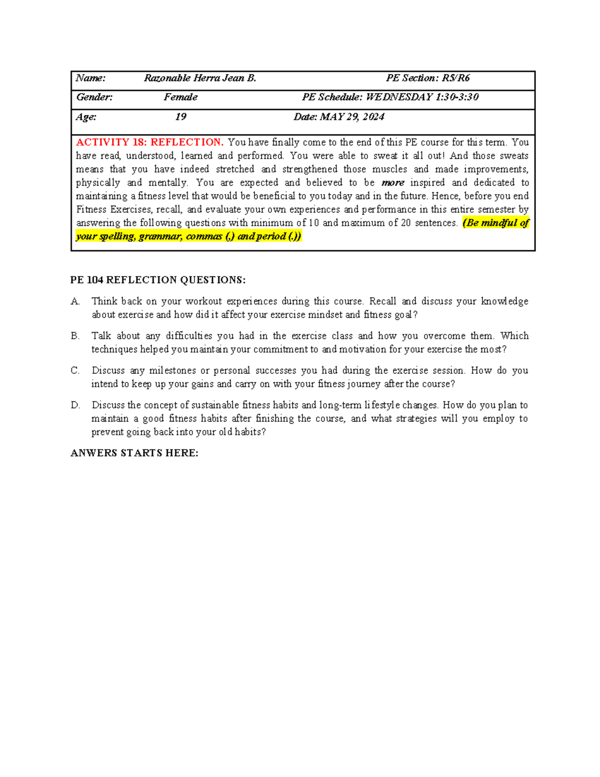 PE 104 final exam reflection on fitness experiences and goals - Studocu