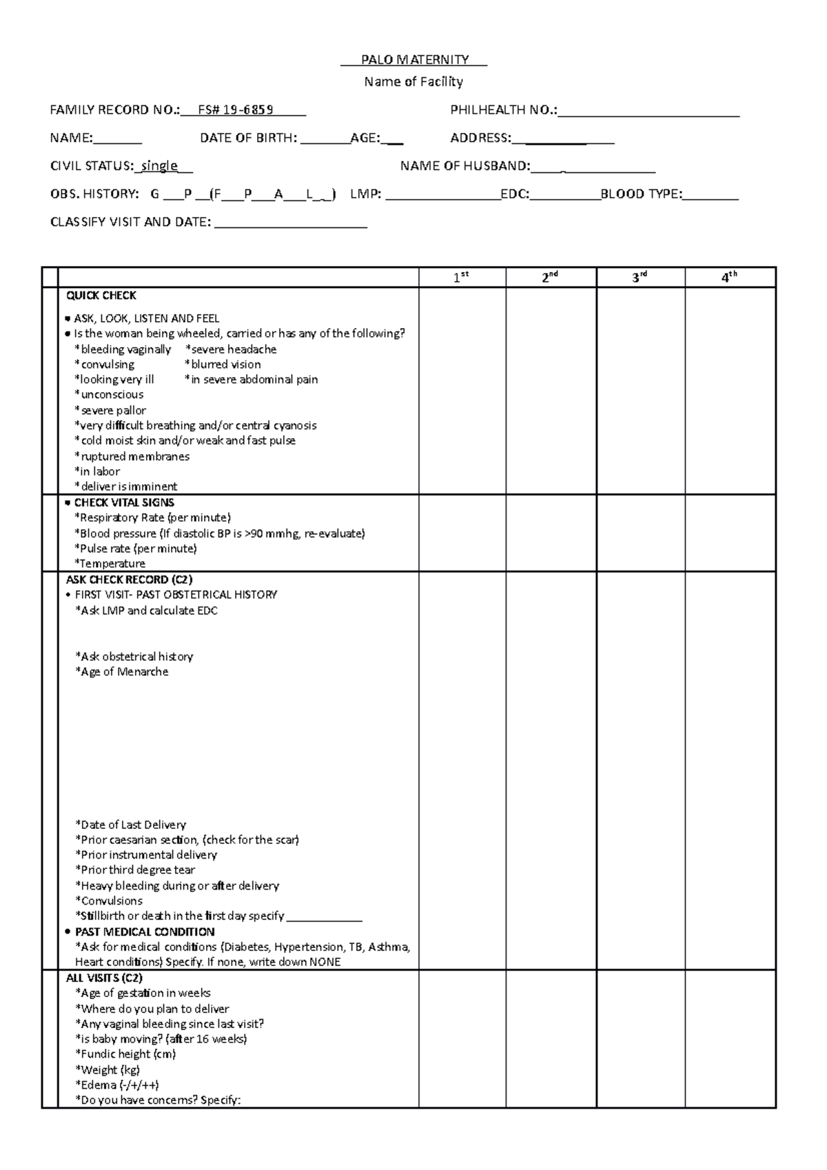 Prenatal-FORM - Prenatal Assessment - PALO MATERNITY Name of Facility ...